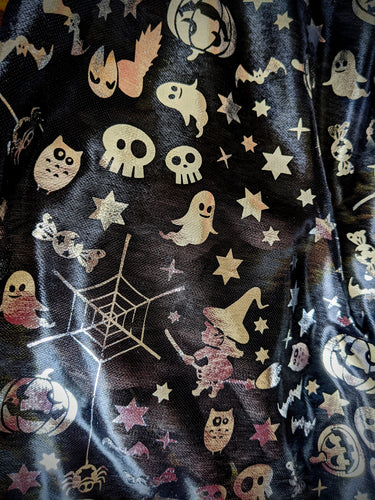 Black And Silver Halloween Pumpkin, Witch, Bats Foil Fabric